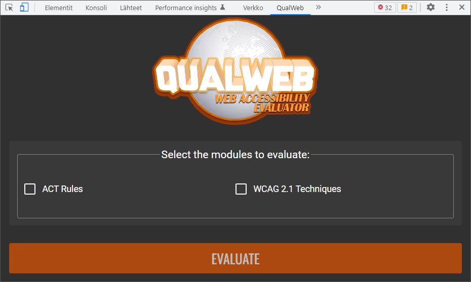 Kuvassa on QualWeb-välilehti Chromen kehittäjätyökaluissa. QualWebin tunnuksen alla pyydetään valitsemaan arvioitavat moduulit vaihtoehtoina "ACT rules" ja "WCAG 2.1 Techniques". Alimpana painike "evaluate".