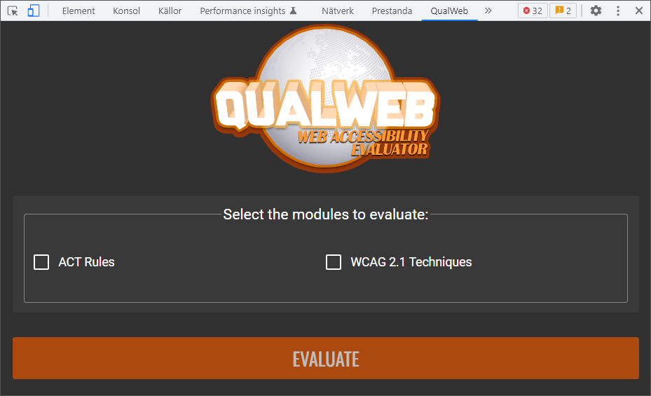 Bilden visar fliken QualWeb i Chromes utvecklarverktyg. Under QualWebs logotyp ombeds du välja de moduler som ska bedömas, med alternativen "ACT rules" och "WCAG 2.1 Techniques". Längst ner finns knappen "evaluate".