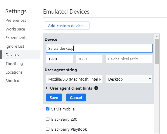 A view for Chrome DevTools Settings. “Devices” has been selected from the Settings menu, and the form has appeared for adding a new emulated device. The form shows a device named Salvia desktop, for which a screen size and user agent specifications have been given.